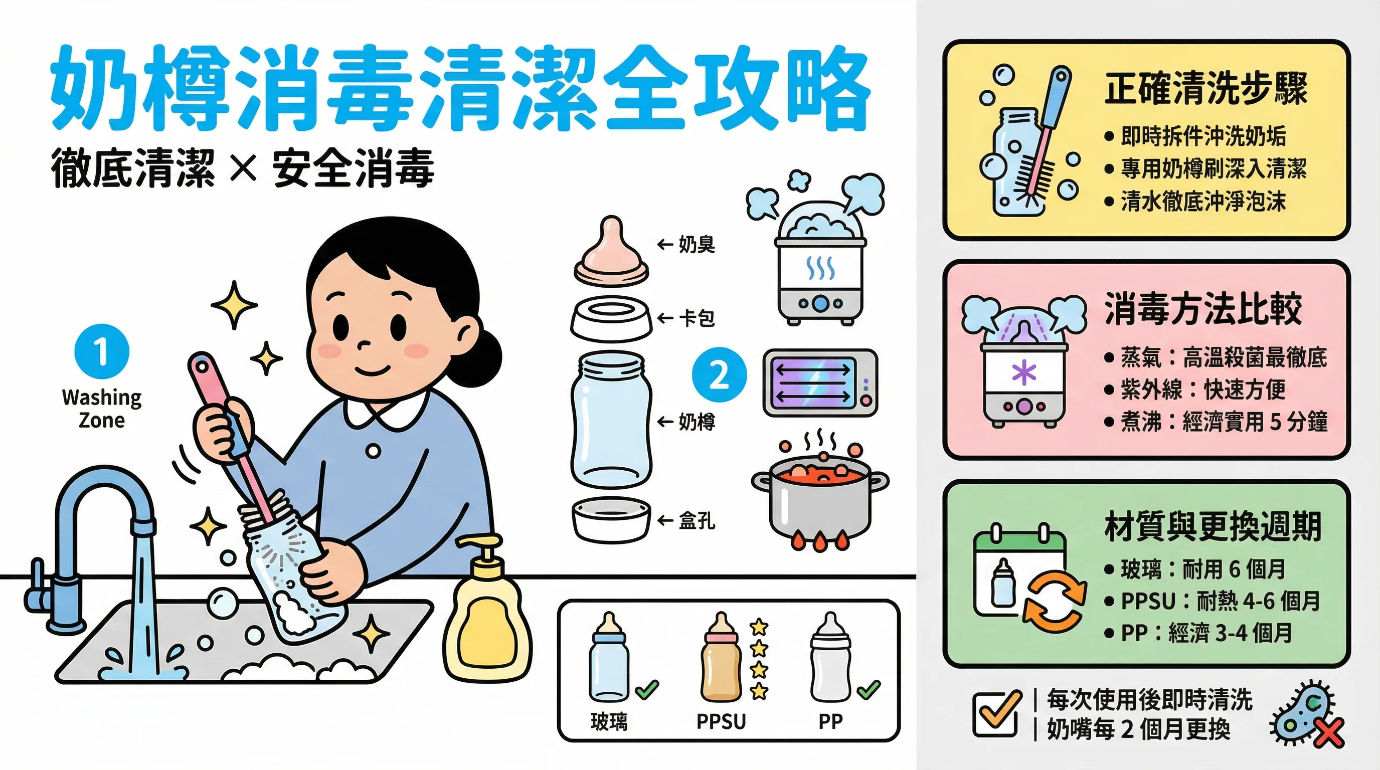 奶樽消毒清潔全攻略：教外傭正確洗奶樽步驟、材質比較與更換週期 SOP