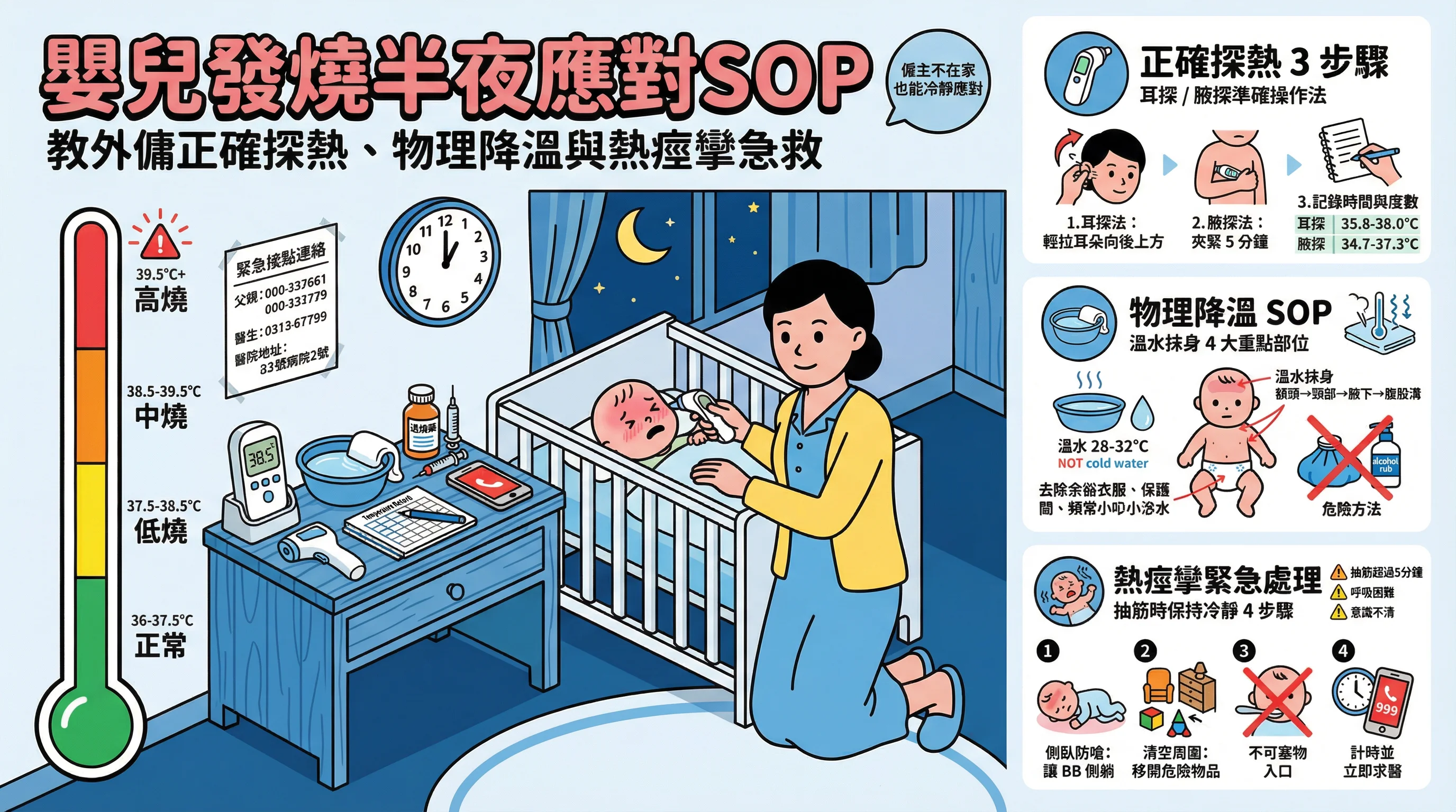嬰兒發燒半夜應對 SOP:教外傭正確探熱、物理降溫與熱痙攣急救