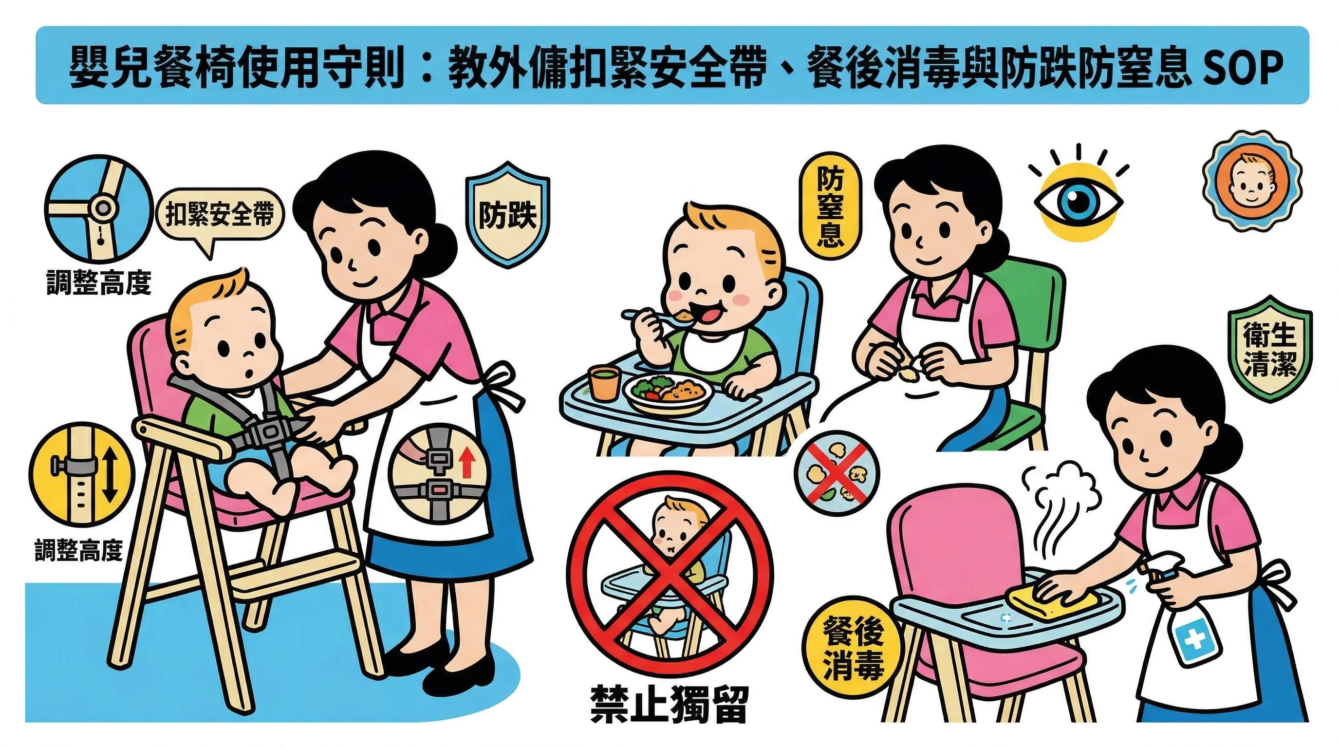 嬰兒餐椅使用守則:教外傭扣緊安全帶、餐後消毒與防跌防窒息 SOP