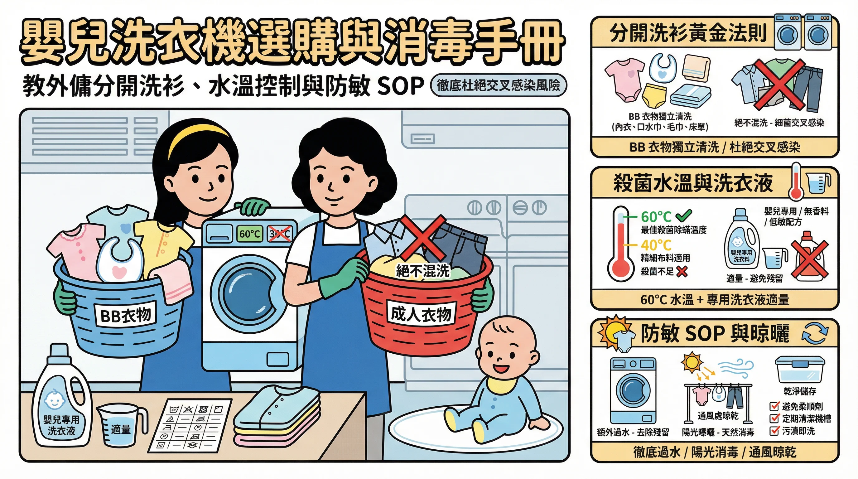 嬰兒洗衣機選購與消毒手冊:教外傭分開洗衫、水溫控制與防敏 SOP