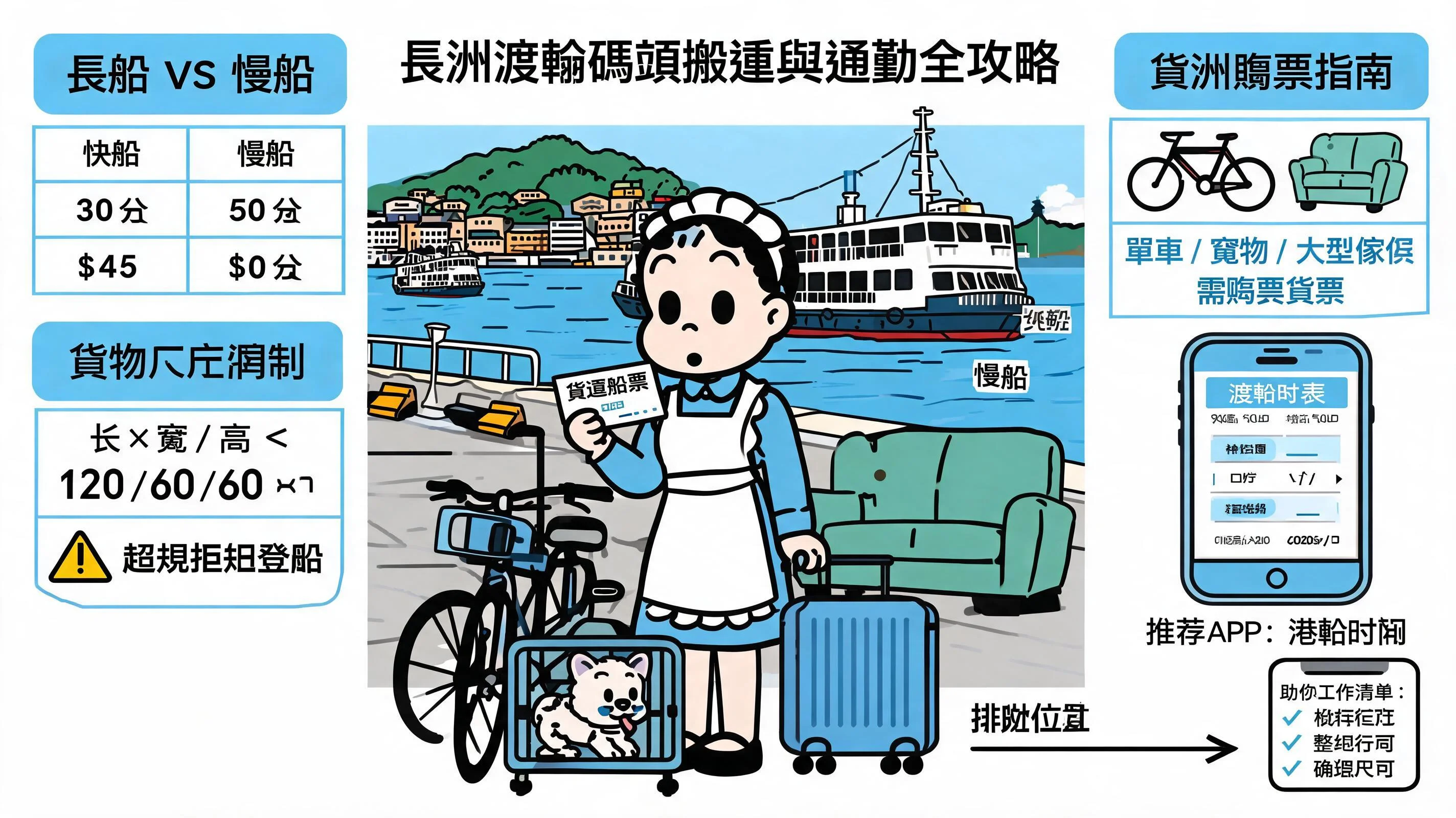 長洲渡輪碼頭搬運與通勤全攻略：船期 App、貨物票購買與上船限制