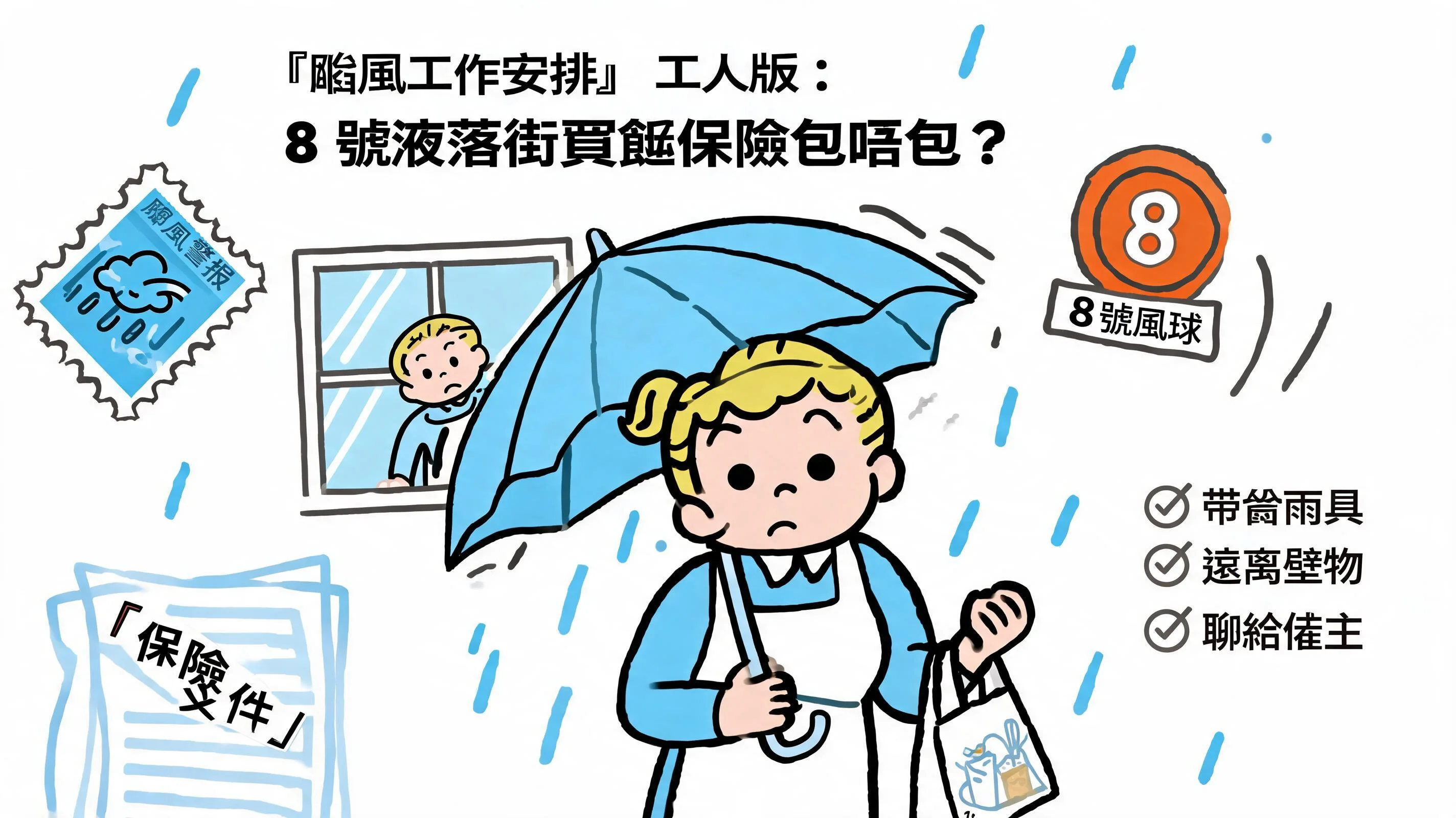 「颱風工作安排」外傭版：8 號波落街買餸保險包唔包？勞工處守則與僱主防坑指南