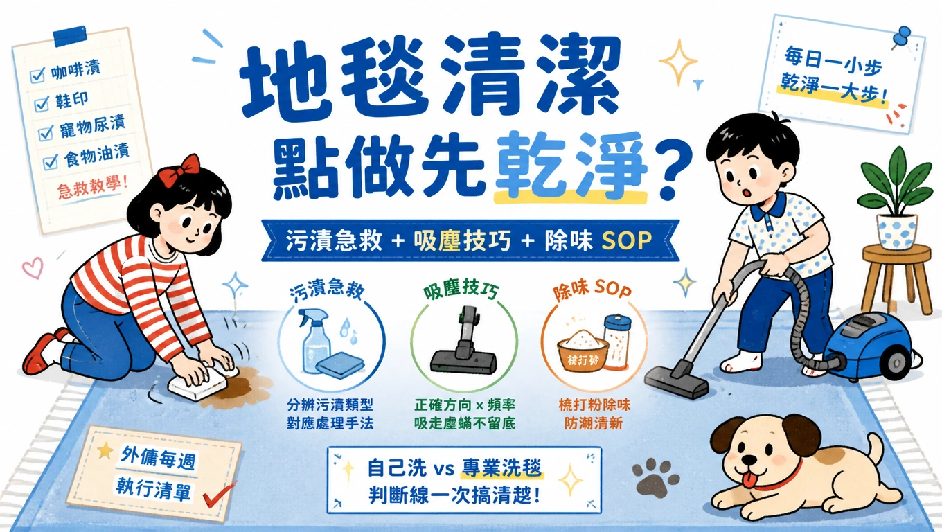 外傭姐姐用吸塵機順住地毯紋理吸塵,旁邊放住梳打粉同清潔布