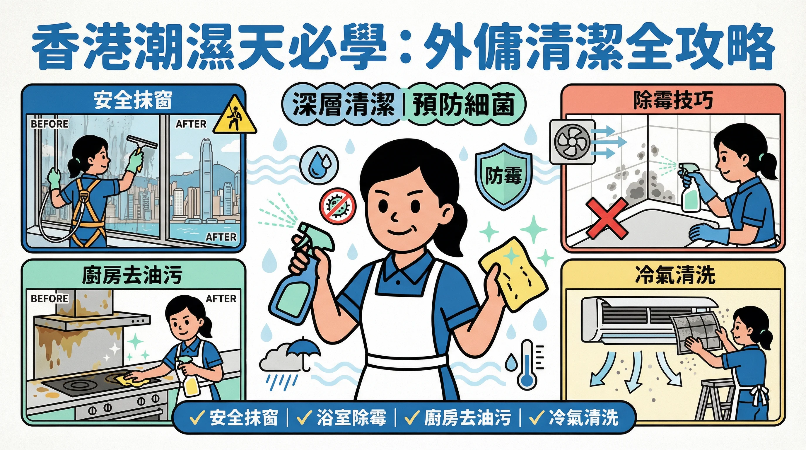 香港潮濕天必學:外傭清潔攻略,抹窗、除霉與冷氣清洗