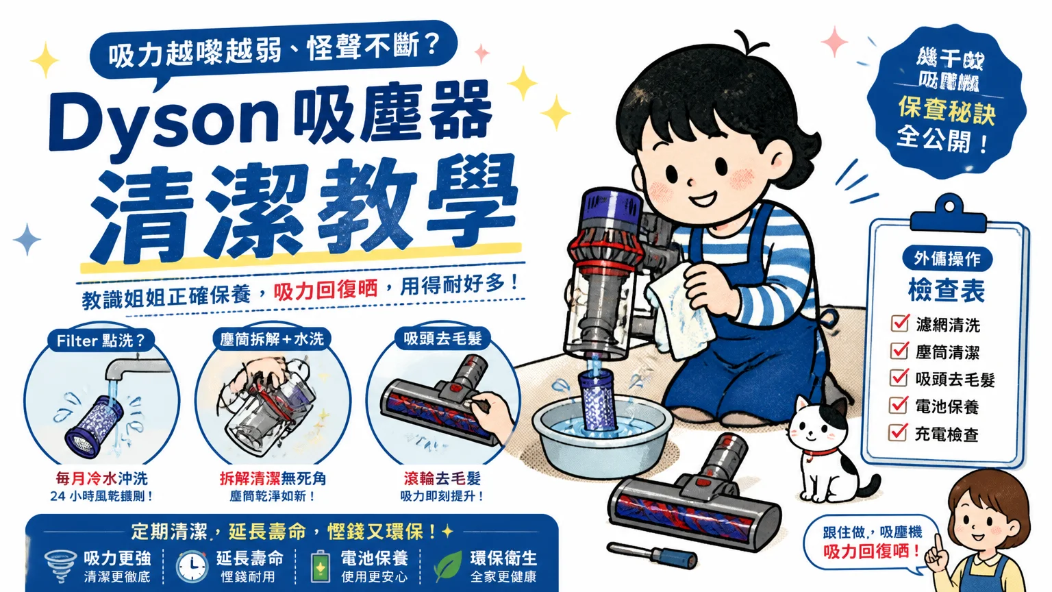 外傭姐姐喺鋅盤用冷水沖洗 Dyson 吸塵器濾網,旁邊放住拆出嚟嘅塵筒