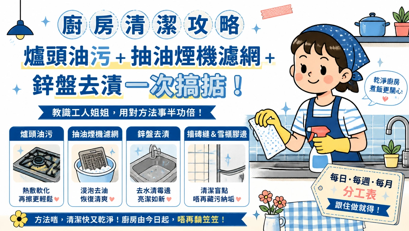 外傭姐姐戴住手套用熱毛巾敷住爐頭油污,準備擦拭