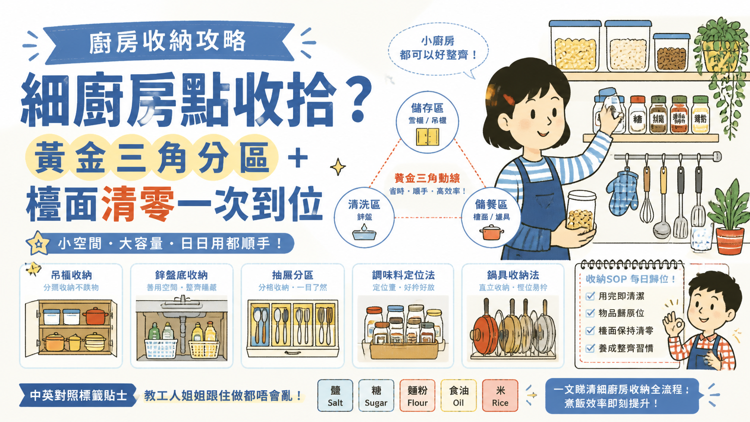 香港細廚房廚櫃分區收納示範,調味料同鍋具整齊擺放