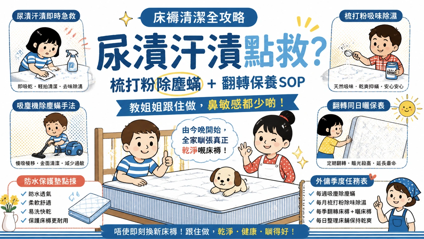 外傭姐姐將梳打粉平均灑喺床褥面，準備用吸塵機除塵蟎