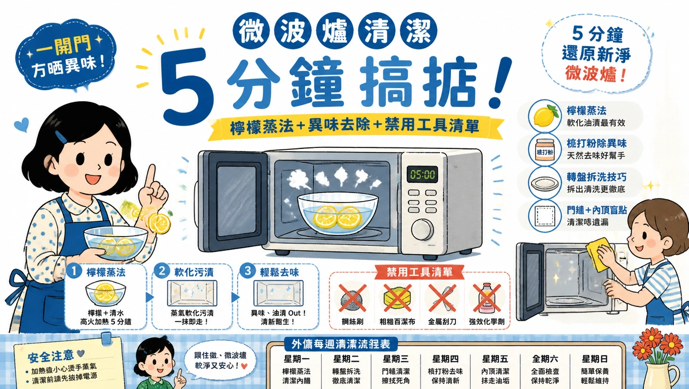 外傭姐姐將檸檬水放入微波爐加熱，準備用蒸氣軟化污漬