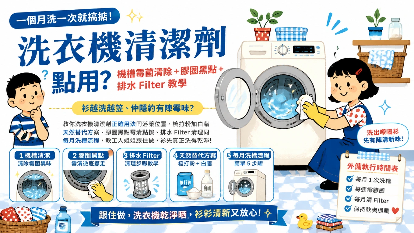 外傭姐姐將洗衣機清潔劑倒入洗衣機劑格，準備開洗槽模式