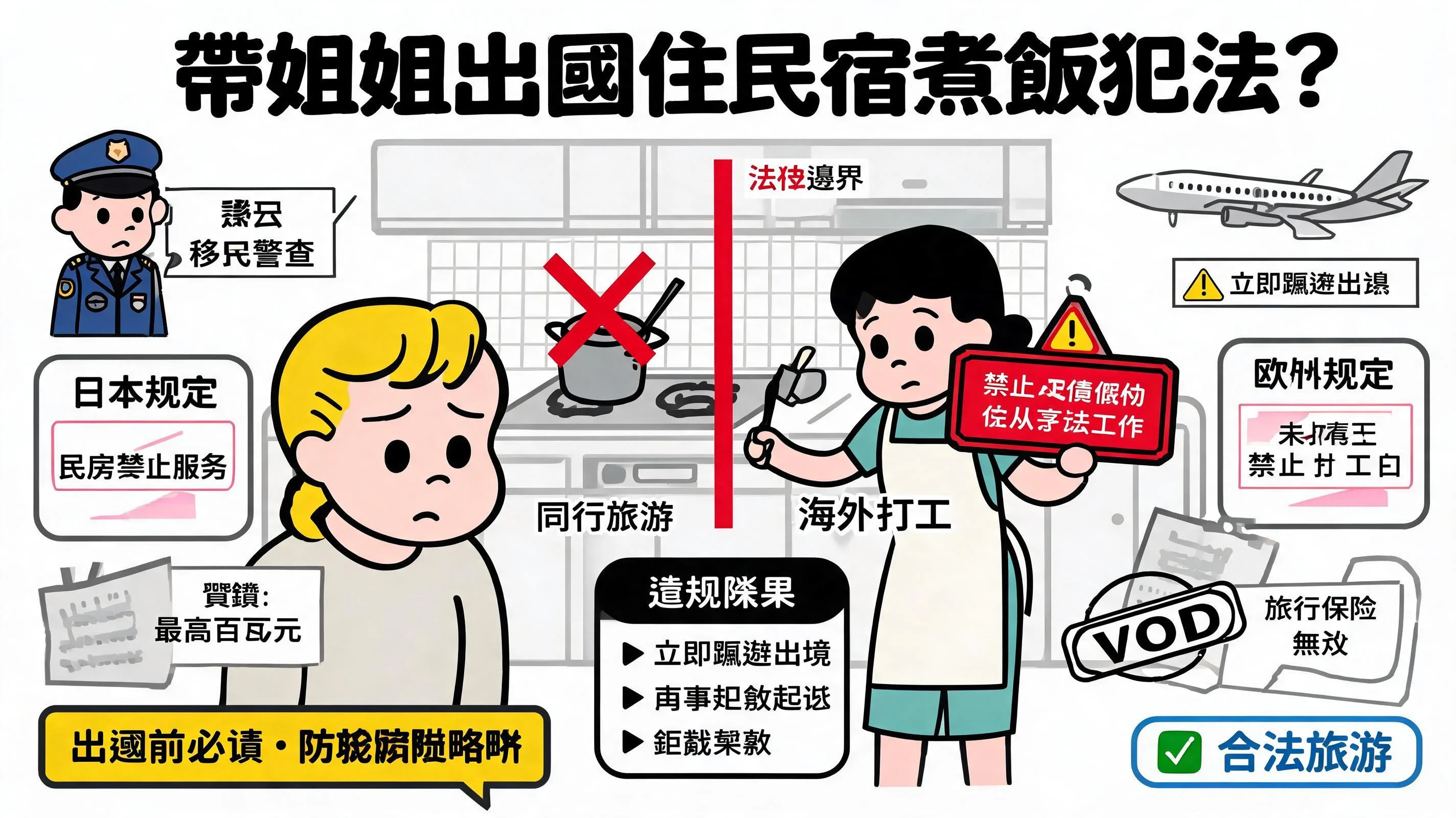 帶姐姐出國住民宿煮飯犯法?小心墮入「非法勞工」陷阱:各國入境禁忌與保險失效真相