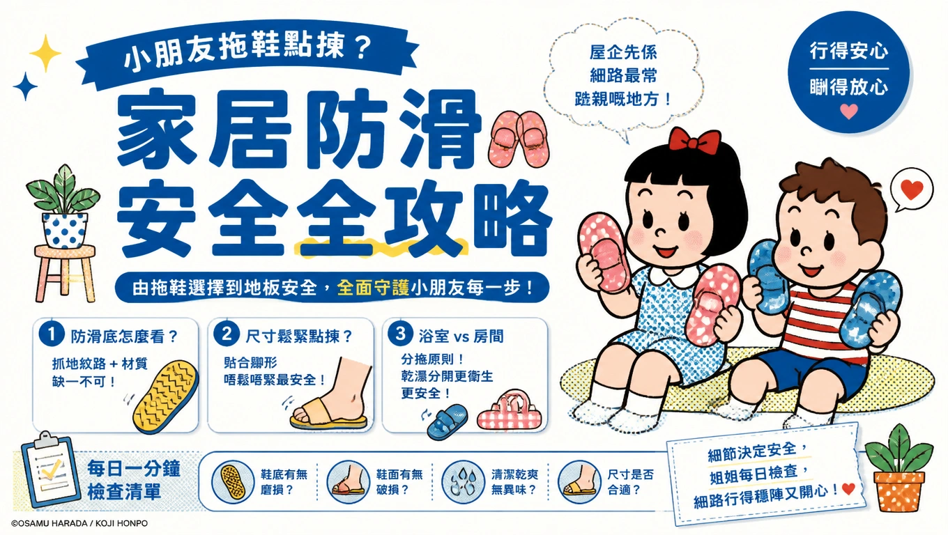 姐姐幫小朋友着上防滑拖鞋，企喺浴室門口