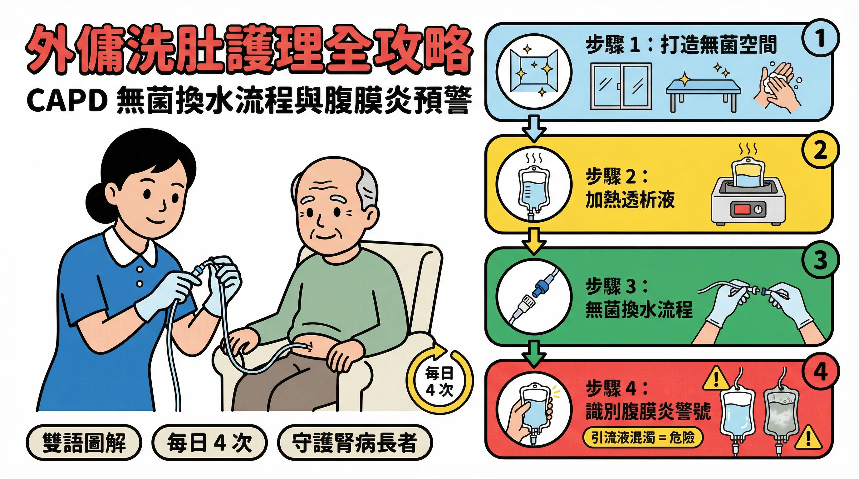 外傭助長者洗肚全攻略:4 步驟掌握 CAPD 無菌換水流程與腹膜炎預警