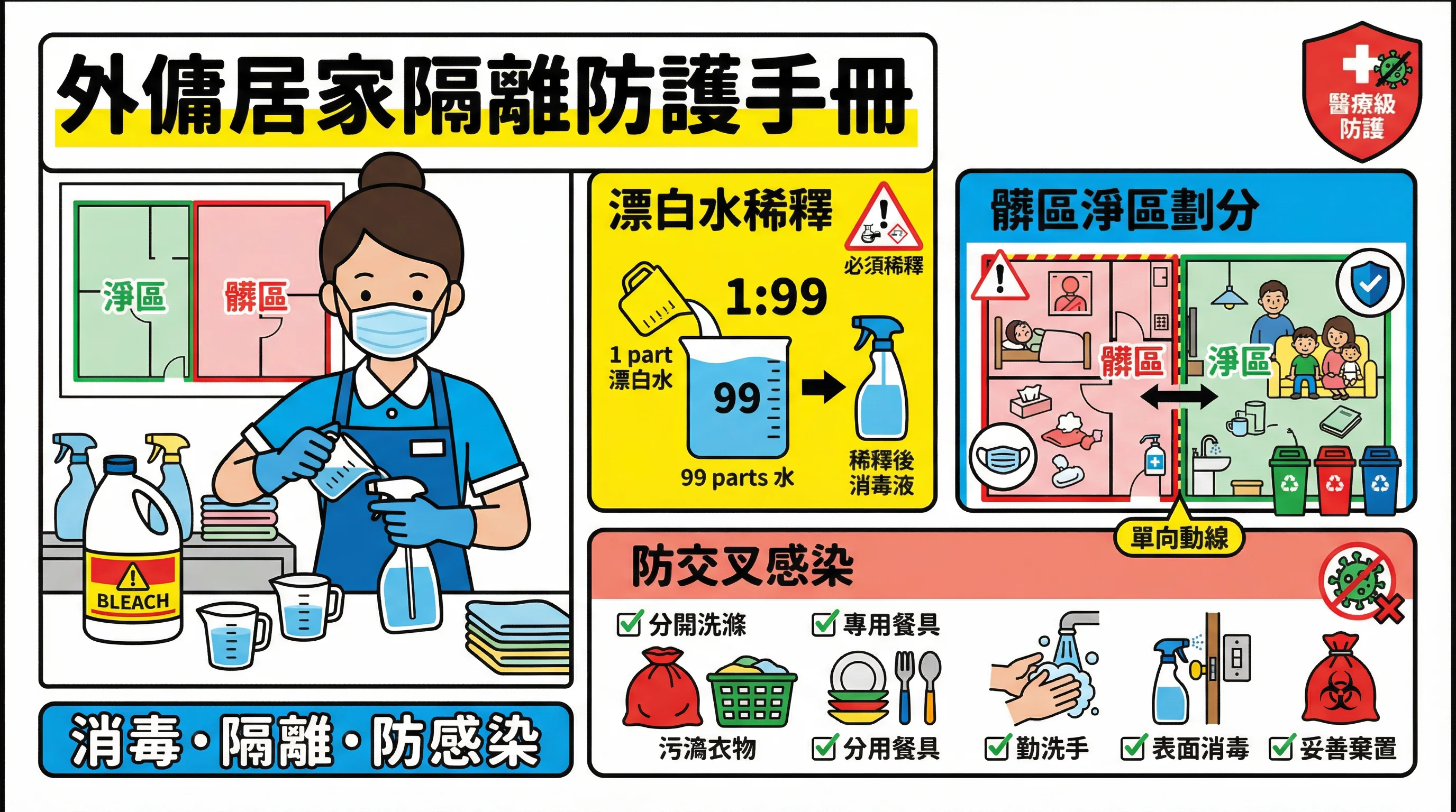 傳染病居家防護指南:教外傭劃分隔離髒區、稀釋漂白水比例與防交叉感染